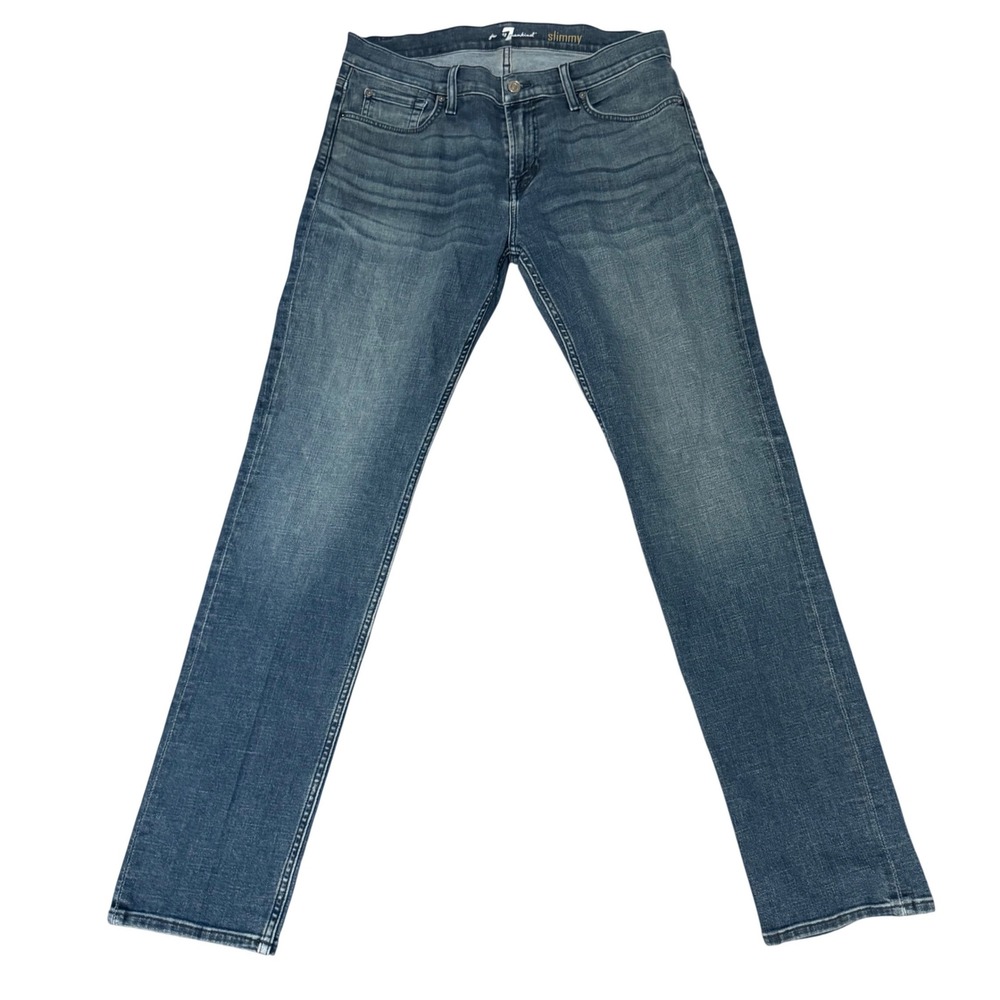 7 For All Mankind Slimmy Slim Fit Jeans Mens 34 Medium Wash Denim Stretch - Picture 2 of 8